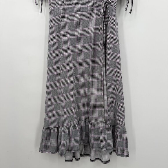 Torrid Plaid Wrap Midi Dress Ruched Sleeves Black Gray Purple Women’s 00 (M/L10) - Picture 3 of 11